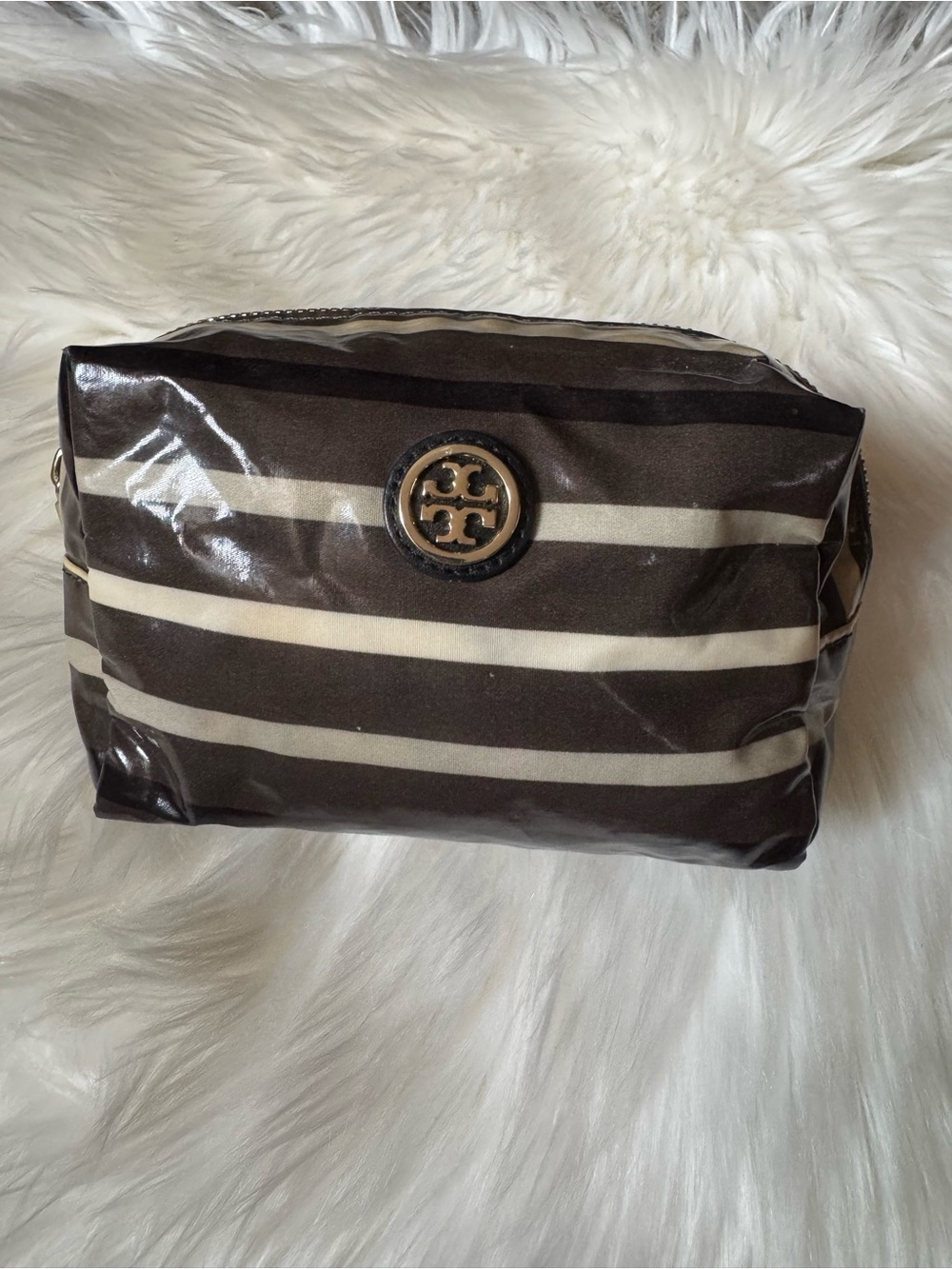 Tory Burch Brown and Cream Striped Cosmetic Pouch with Logo Medallion - Picture 2 of 10